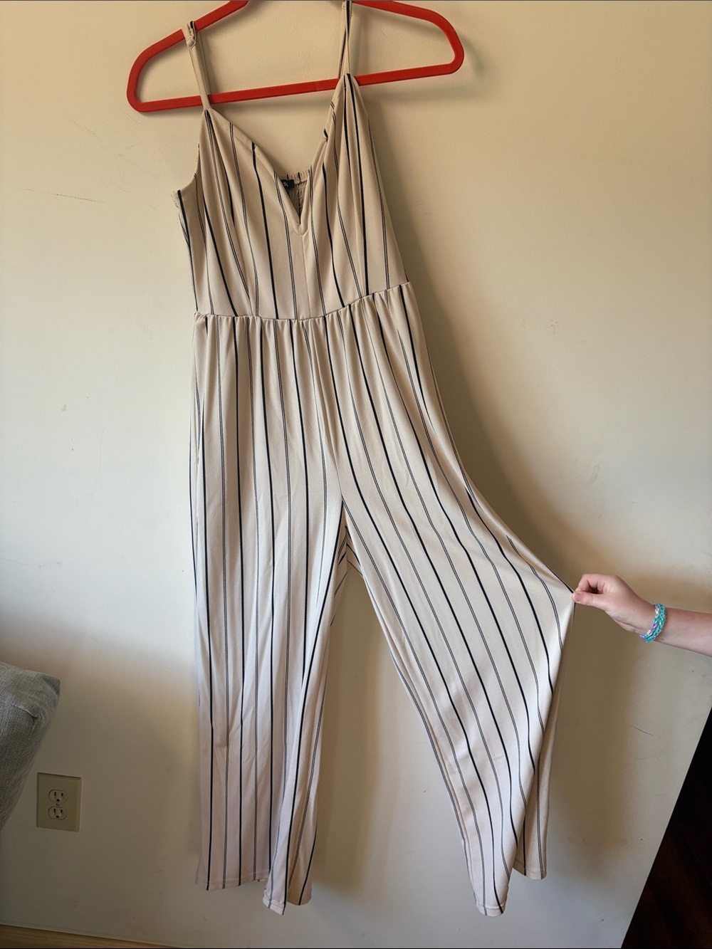 Express Cream Jumpsuit with Navy Vertical Stripes